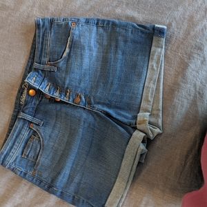High rise medium wash roll cuff shorts